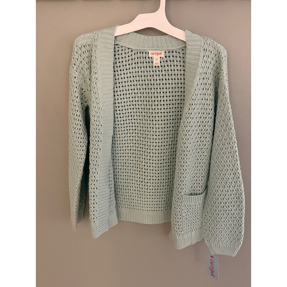 Cat &‎ Jack Girls Pale Green Open Knit Crochet Cardigan Sweater Size M 8 NWT